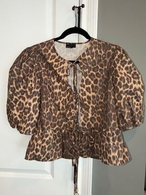 ASOS Leopard Tie-Front Puff Sleeve Blouse — Brown & Tan